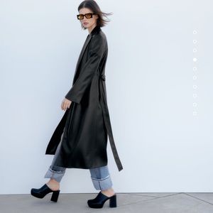 Zara Black Long Faux Leather Coat, Size M; Worn once and dry cleaned once, chic